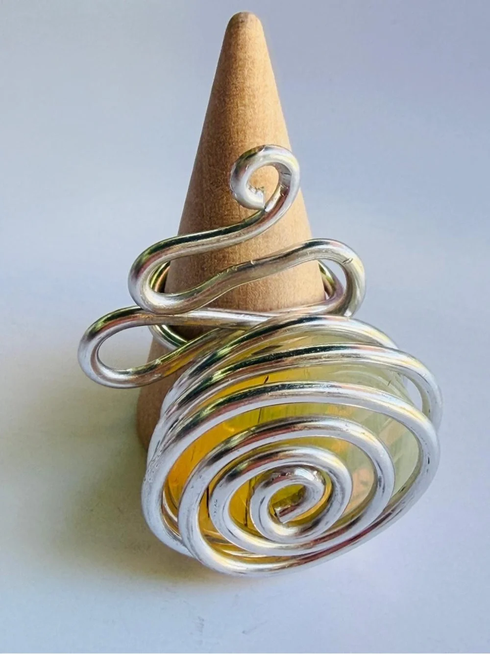 Silver Spiral Statement Ring with Yellow Accent